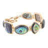 Gold bracelet with abalone shell stones on a white background