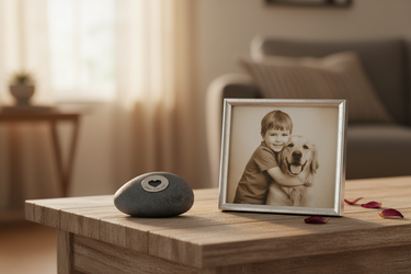 Framed photo of a boy with a dog on a wooden table in a living room.