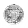 Silver round medallion with engraved design of a beer glass and hops on a white background