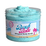 Jar of 'Beach Babe' whipped body scrub with a white background