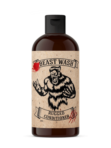 Bottle of Beast Wash Rugged Conditioner with a label featuring a bear graphic on a white background