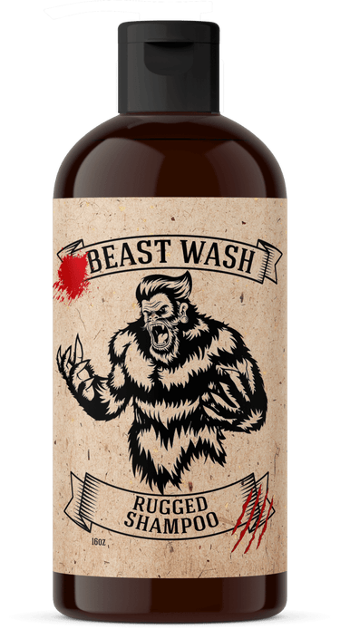 Bottle of Beast Wash Rugged Shampoo with a label featuring a graphic design.