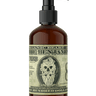 Bottle of organic beard oil with a label resembling a dollar bill on a black background