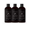 Three Alpha Black Label bottles for organic shampoo, bodywash, and conditioner on a white background