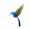 Blown Glass Hummingbird figurine with blue body and yellow wings on a white background