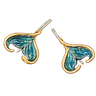 A pair of handmade Bronze earrings featuring curved, fin shapes with  blue patina, 
