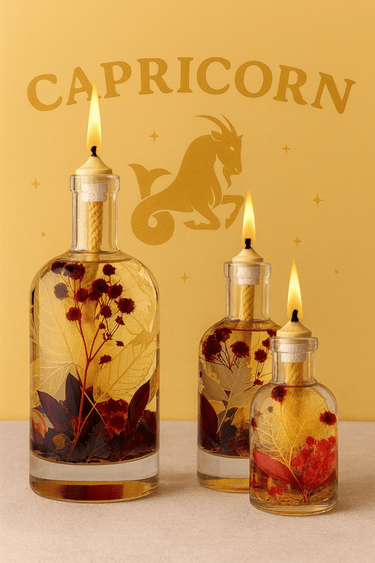 Three lit candles in glass bottles with floral elements against a yellow background with Capricorn zodiac symbol.