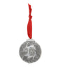 Silver Christmas ornament with red ribbon on a white background