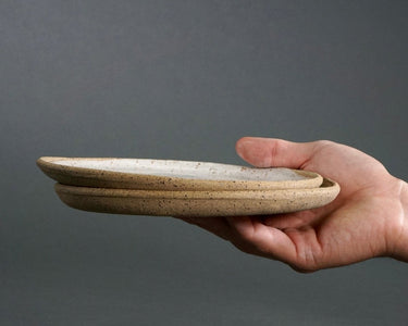 Hand holding two ceramic plates against a gray background