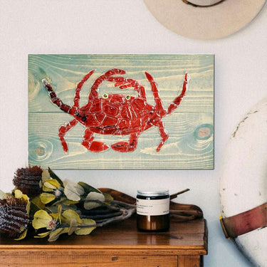 Crab Sea Glass Hand Painted Wall Art on Distressed Wood Wall Art Salty Signs Designs Red Gray Plank Eclectic Treasures