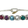 Silver bracelet with multicolored gemstones on a white background