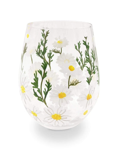 Clear glass with floral design featuring daisies and green leaves on a white background