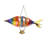Colorful Airship Handblown Glass Hot Air Balloon ornament with a gold tail on a white background