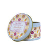 Candle tin with decorative lid featuring fruit illustrations on a white background