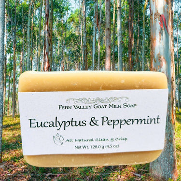 Bar of Fern Valley Goat Milk Soap with Eucalyptus & Peppermint scent in a forest setting