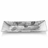 Rectangular metal tray with black floral pattern on a white background