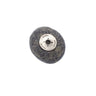 Decorative stone with a metal disc featuring text on a white background