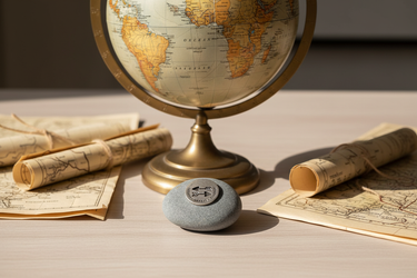 Vintage globe with maps and a stone on a wooden surface