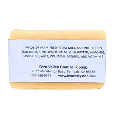 Bar of Fern Valley Goat milk soap for eczema psoriasis and sensitive skin with a label on a white background