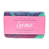 Bar of Grace Floral Natural Goat Milk Soap with pink packaging and multicolored design on a white background