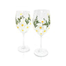 Two Hand-Painted Daisy Wine Glasses with floral designs on a white background