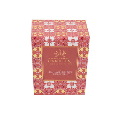 Hannah Lily, Rose & Grapefruit Soy Lotion Candle box with decorative pattern and text on a white background