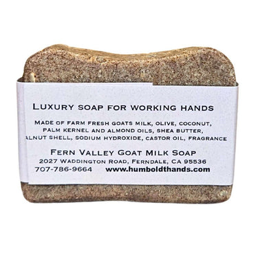 Bar of Heavy-Duty Goat Milk Hand Cleaner soap with a label on a white background
