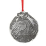 Decorative horse ornament with a red ribbon on a white background