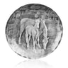 Decorative plate with a black and white illustration of two horses and a foal in a farm setting.