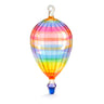 Colorful striped glass hot air balloon ornament on a white background