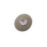 Round stone with a silver disc featuring text on a white background
