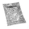 Decorative napkin with black floral and leaf pattern on a white background