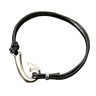 A black leather bracelet featuring a polished Bronze fishhook charm