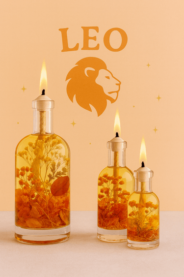 Three lit candles in glass bottles with herbs against a peach background with 'LEO' and lion symbol.