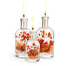 Three lit candles in glass bottles with herbs against a white background 