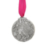 Silver medal with unicorn design on a pink ribbon against a white background