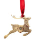 Decorative reindeer ornament with red ribbon on a white background