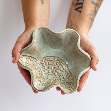 Mini Blossom Stoneware Handmade Bowl with hands holding