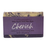 Bar of Natural Goat Milk Soap Cherish - Delightful Floral with a purple label on a white background