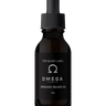 Black bottle of Omega Organic Beard Oil with dropper on a white background