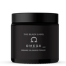 Black jar of Omega Organic Oil Based Pomade with 'The Black Label' branding on a black background