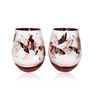 Two Pink Butterfly Stemless Wine Glasses with a butterfly design on a white background