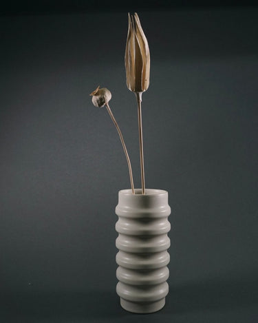 white ribbed Ceramic Vase with two dried flowers against a dark gray background