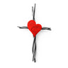 Red heart-shaped object on a cross with a white background