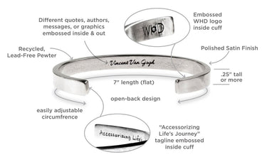 Silver bracelet with embossed text and WHD logo on a white background