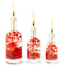 Three glass bottles with lit candles inside, filled with red flowers on a white background