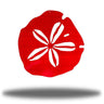 Red metal sand dollar wall art with white floral design on a white background