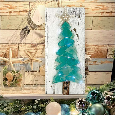 Sea Glass Christmas Trees with Lights on Wood Plank Holiday Decor Salty Signs Designs Eclectic Treasures
