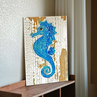 Seahorse Sea Glass Wall Art Painting Distressed Wood Wall Art Salty Signs Designs Blue Gray Plank Mini (6 x 12)