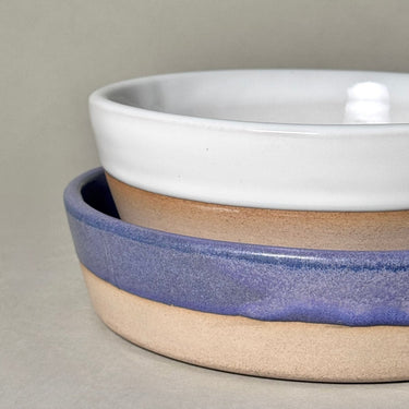 Two ceramic bowls, one white and one with a purple rim and beige base, on a neutral background.